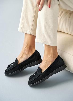 Стильные черные женские лоферы весенне-осенние, мокасины замшевые, весна/осень, замша-женс...