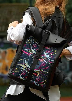 Жіночий рюкзак sambag rolltop one чорний з принтом "abstract"