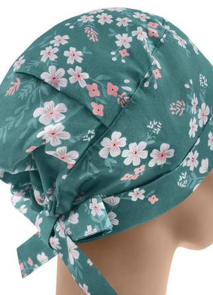 Медицинская шапочка шапка женская тканевая хлопковая многоразовая принт цветочки на зелёном6 фото
