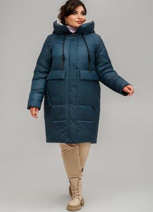 Трендовий жіночий пуховик пальто гамбург бірюзового кольору, великі розміри