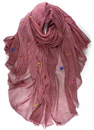Огромный палантин шарф парео шелковый шелк жатка с вышивкой тонкий новый2 фото