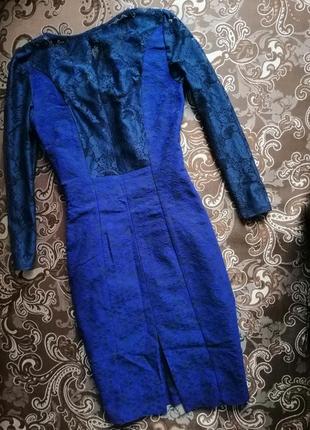 Синее платье короткое сукня xs-s твидовая юбка миди гипюровые кружевные рукава новое3 фото