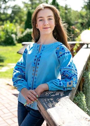 Рубашка вышиванка для девочки голубая лен синий орнамент 140 146 152 158 1645 фото
