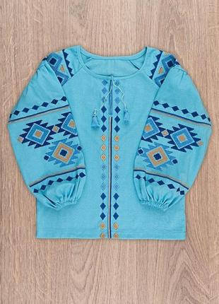 Рубашка вышиванка для девочки голубая лен синий орнамент 140 146 152 158 1642 фото