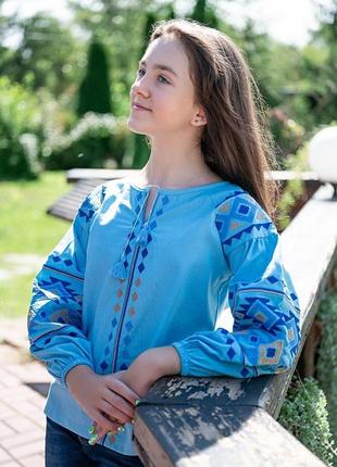 Рубашка вышиванка для девочки голубая лен синий орнамент 140 146 152 158 1647 фото