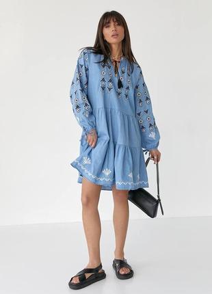Стильное трендовое женское платье-вышиванка, голубое платье вышитое, платье с вышивкой на лето-женскую одежду