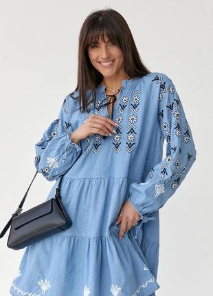 Стильное трендовое женское платье-вышиванка, голубое платье вышитое, платье с вышивкой на лето-женскую одежду6 фото