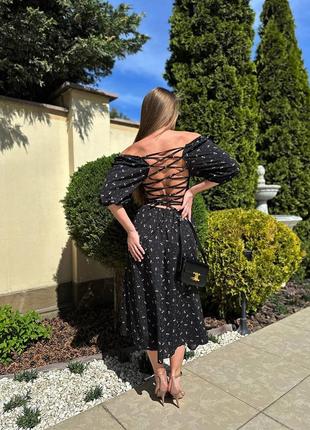 Ніжна чорна літня трендова сукня в квітах довга сукня з шнурівкою на спині7 фото