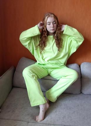 Піжама жіноча бавовняна трикотажна однотонна світшот оверсайз  + штани8 фото
