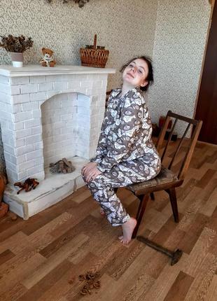 Костюм домашній трикотаж бавовна ведмедики піжама жіноча тепла