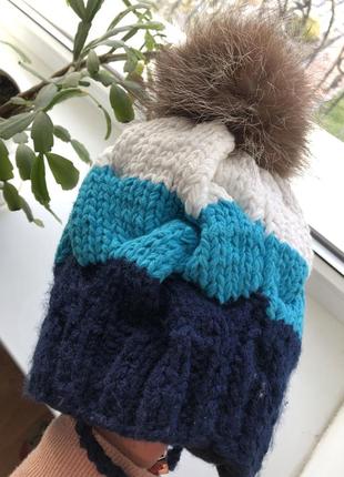 Зимова шапка з натуральним помпоном на флісі4 фото