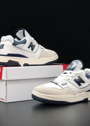 New balance 550 white navi кросівки чоловічі темно-сині з білим нью баланс 550 / шикарні шкіряні кросівки із замшевими вставками4 фото