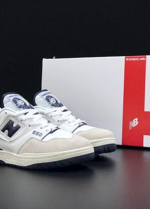 New balance 550 white navi кросівки чоловічі темно-сині з білим нью баланс 550 / шикарні шкіряні кросівки із замшевими вставками2 фото