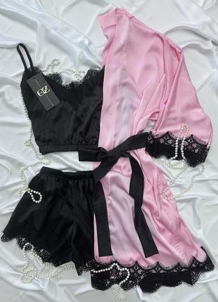 Шелковый домашний комплект шортики+майка+халат шелк с кружевом тройка розовый