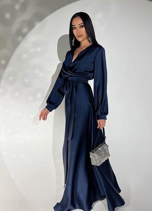 Платье - макси женское длинное, в пол, на запах, шелковое, вечернее, нарядное, темно - синее2 фото