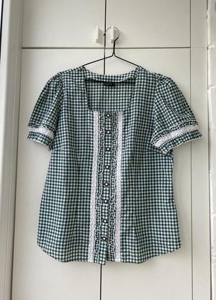 Laura torelli фирменная брендовая винтажная рубашка в винтажном стиле винтаж немецкая германская в клетку с коротким рукавом зеленая белая7 фото