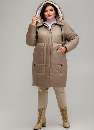 Элегантный женский пуховик пальто гамбург цвета капучино, для пышных форм3 фото