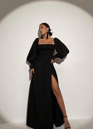 Платье - макси женское длинное с пышным длинным рукавом, с разрезом, однотонное, черное4 фото
