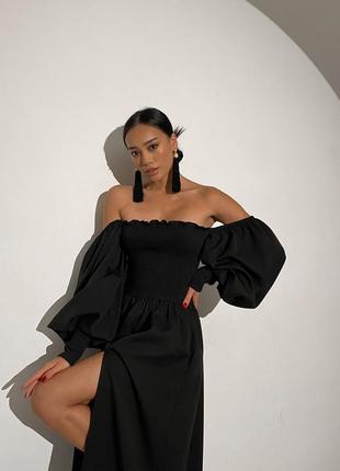 Платье - макси женское длинное с пышным длинным рукавом, с разрезом, однотонное, черное6 фото