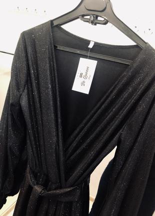 Черное блестящее вечернее платье длинное люрекс с рукавом5 фото
