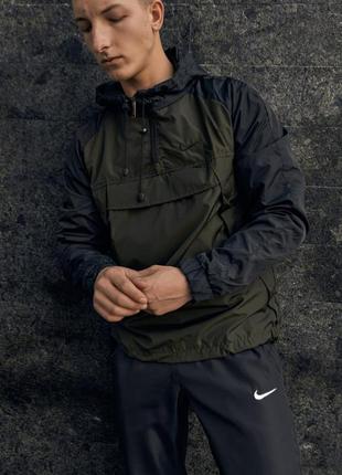 Мужской анорак nike в хаки-черном цвете, стильная и удобная ветровка на каждый день