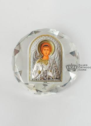 Срібна ікона "ангел хранитель" 8.1х8.1 см у кришталевому склі (греція)
