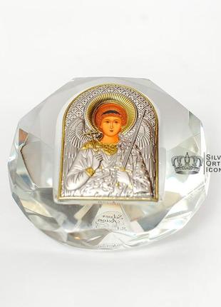 Срібна ікона "ангел хранитель" 8.1х8.1 см у кришталевому склі (греція)2 фото