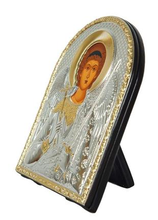 Серебряная икона ангел хранитель 15,5х12см обрамленная в кожаную оправу4 фото