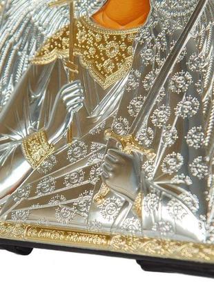 Серебряная икона ангел хранитель 15,5х12см обрамленная в кожаную оправу3 фото
