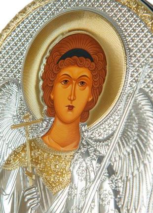 Серебряная икона ангел хранитель 15,5х12см обрамленная в кожаную оправу6 фото