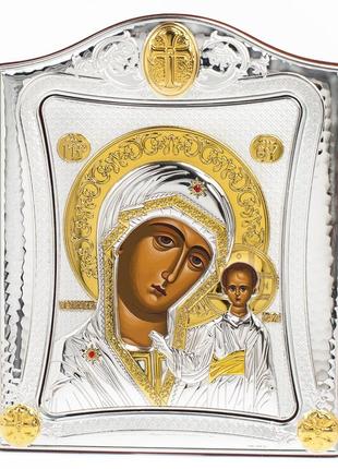 Серебряная икона казанская божья матерь 20х25см в серебренной рамке украшена позолотой