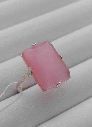 Срібний комплект сережки та каблучка з прямокутними рожевими каменями кабашонами3 фото