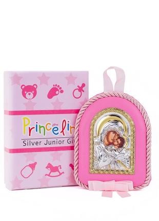 Дитяча іконка на рожевій подушечці божа матір розчулення солодке цілування 8х10см у сріблі