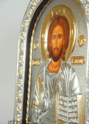 Спаситель ісус 21х26см срібна ікона під склом, обгорнута темною шкірою (греція)3 фото