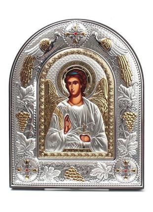 Серебряная икона ангела хранителя 20х25см в киоте обрамленом в темную кожу
