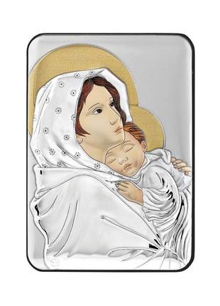 Срібна ікона богородиця з немовлям у прямокутній формі з емаллю 10х14см роберто ферруцці