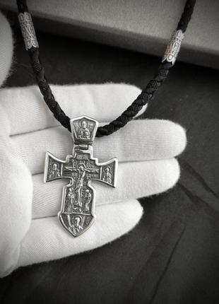 Комплект чоловічий срібний шнурок зі вставками та хрестик 925 проба чорний 846/4+кр0159