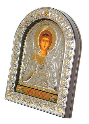 Серебряная икона ангел хранитель16,5х21,5см в арочном киоте под стеклом