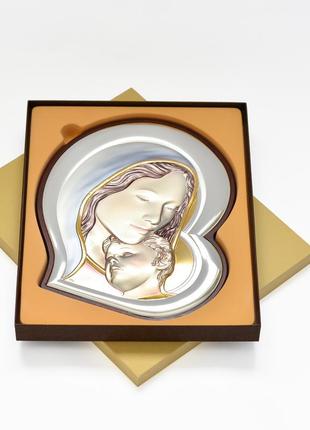 Срібна ікона богородиця з немовлям у формі серця з емаллю 21х24см3 фото