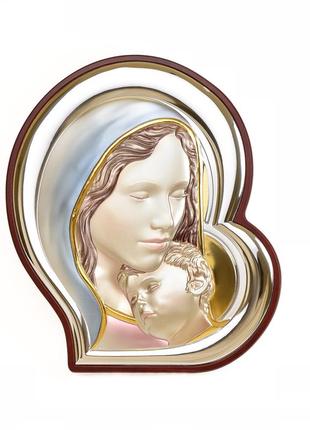 Срібна ікона богородиця з немовлям у формі серця з емаллю 21х24см