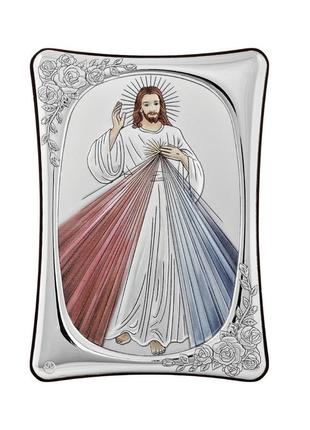 Серебряная икона спасителя божье милосердие с эмалью 7х10см