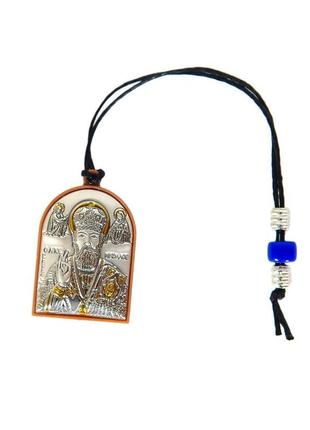 Авто икона николая чудотворца серебряная на штурочку (двухсторонняя) 3,6х2,6см