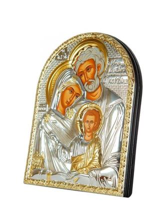 Серебряная икона святое семейство 15,5х12см обрамленная в кожаную оправу4 фото