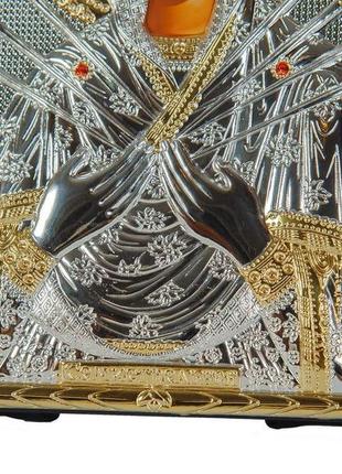 Серебряная икона семистрельная божья матерь 15,5х12см обрамленная в кожаную оправу8 фото