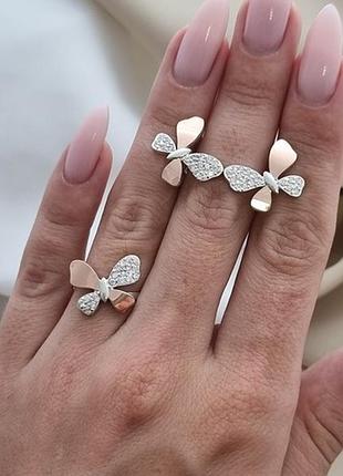 Серебряный набор з золотыми пластинами и фианитами бабочки ласка