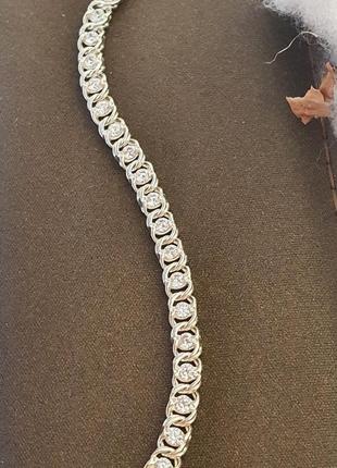 Браслет серебряный с плетением арабский бисмарк с белыми цирконами супер легкий 16 см7 фото