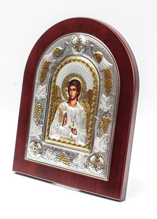 Икона ангел хранитель 29х24см в серебряном окладе с позолотой на деревяном кионе