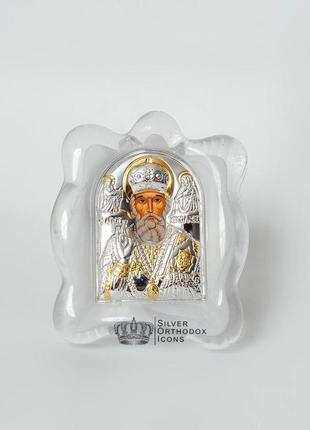 Срібна ікона миколая чудотворця у білому склі мурано 7х9 см