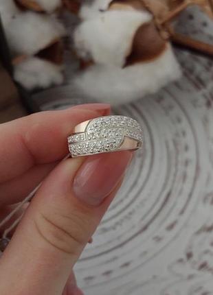 Комплект серебряный кольцо и серьги с золотом и россыпью цирконов8 фото