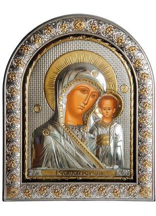 Казанська 21х26 см срібна ікона божої матері під склом обгорнута в темну шкіру (греція)1 фото